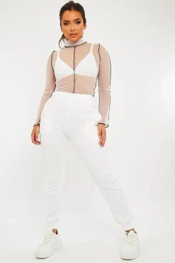 Rebellious Fashion White Mesh Contrast Stitch Long Sleeve Crop Top - Evie