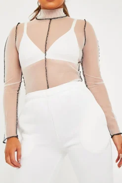 Rebellious Fashion White Mesh Contrast Stitch Long Sleeve Crop Top - Evie