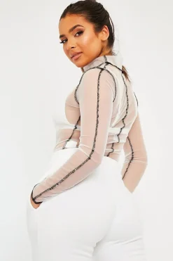 Rebellious Fashion White Mesh Contrast Stitch Long Sleeve Crop Top - Evie