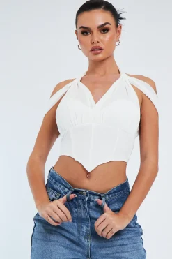 Rebellious Fashion White Mesh Corset Halter Neck Crop Top - Soleen
