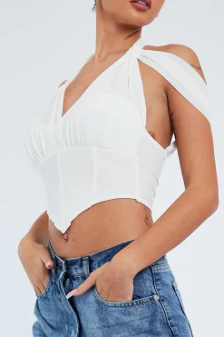 Rebellious Fashion White Mesh Corset Halter Neck Crop Top - Soleen