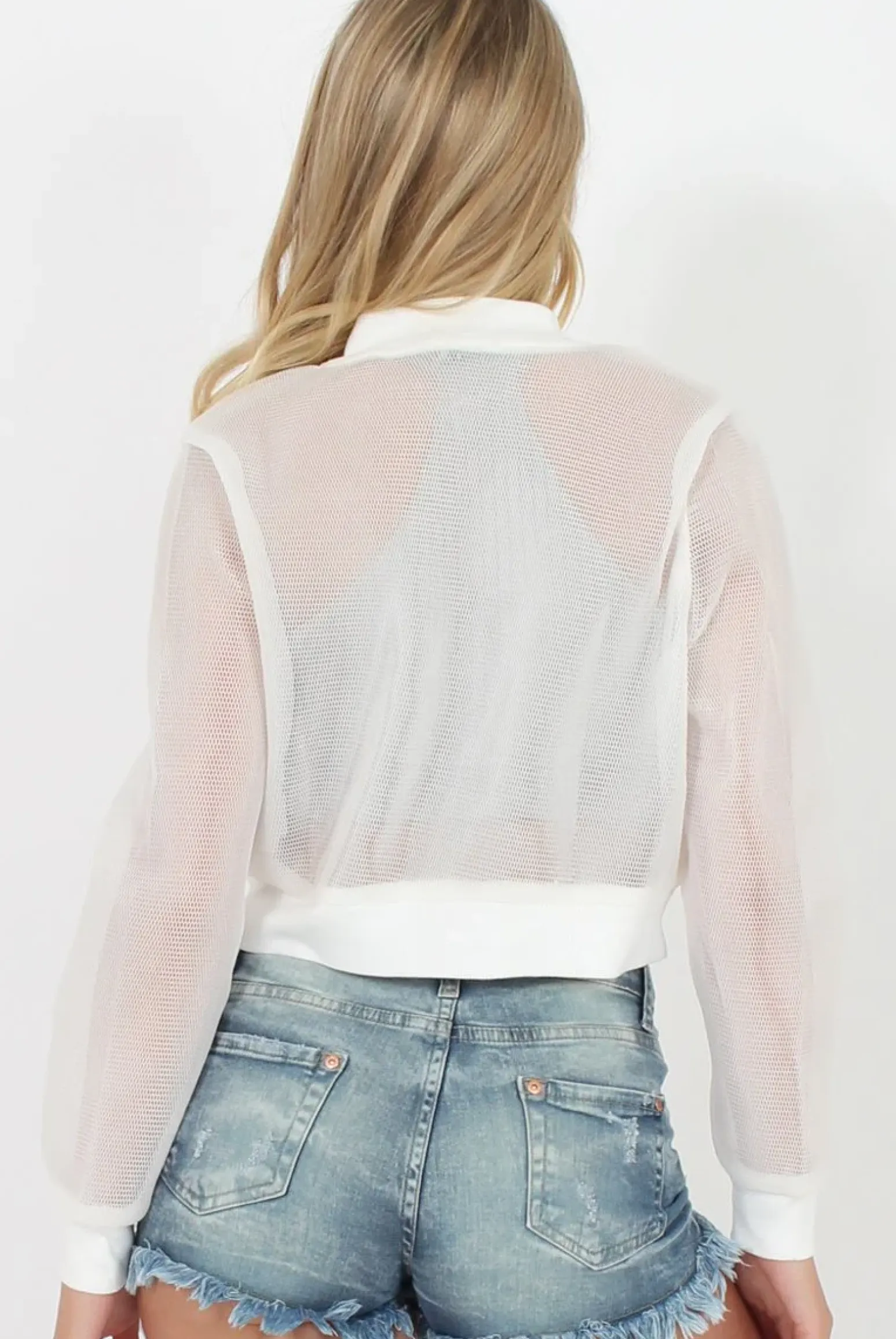 Rebellious Fashion White Mesh Cropped Bomber Jacket - Melrose