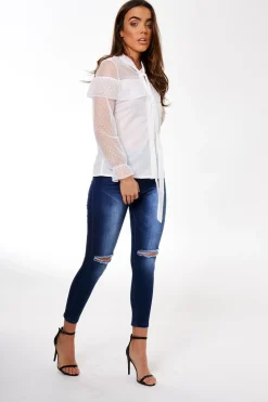 Rebellious Fashion White Mesh Dotted Blouse - Jose