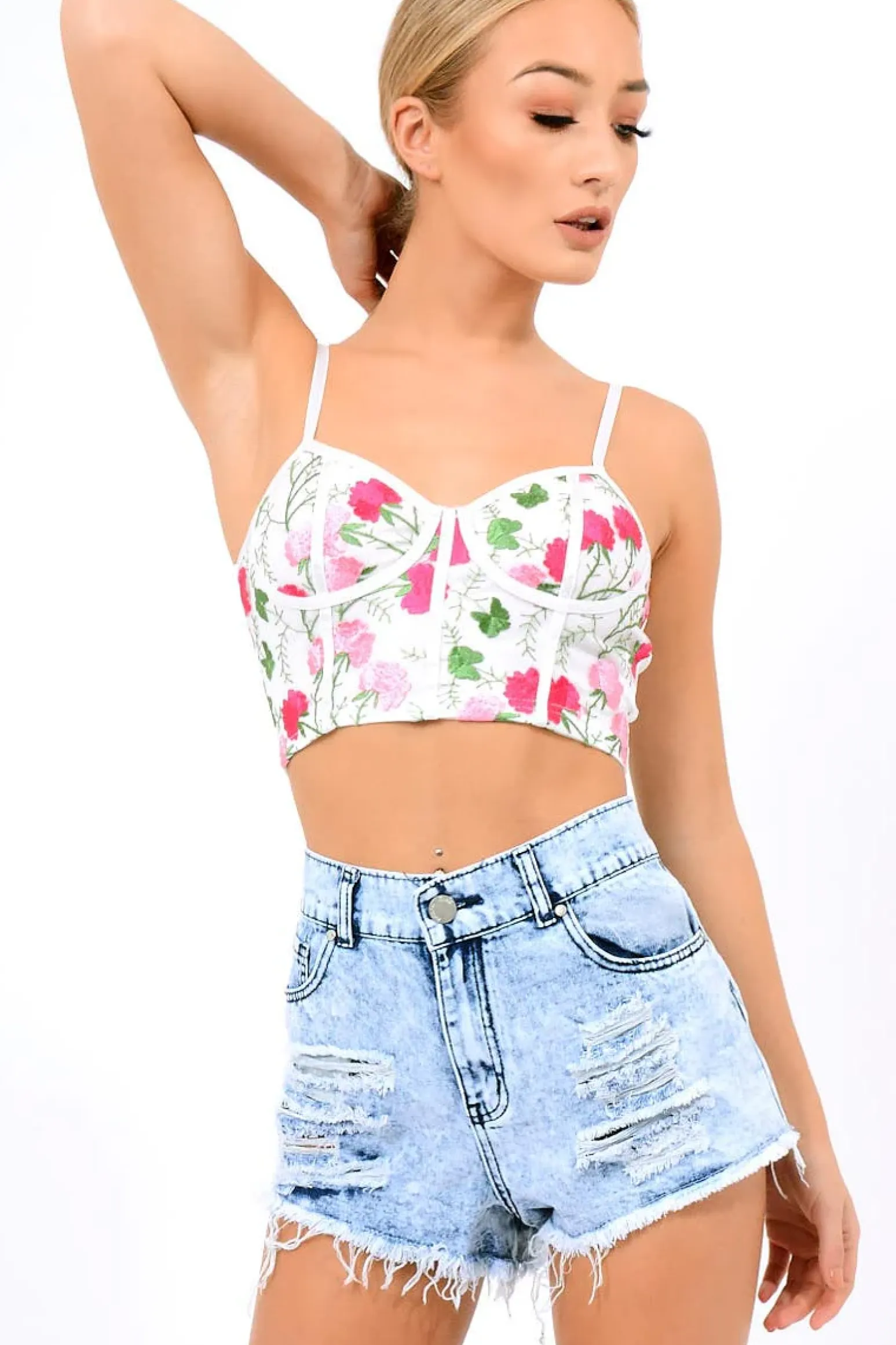 Rebellious Fashion White Mesh Embroidered Cami Crop Top - Thalia