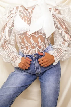 Rebellious Fashion White Mesh Embroidery Design Bow Neck Blouse - Jackson