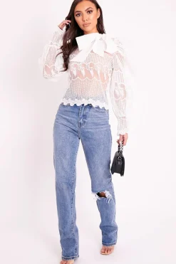Rebellious Fashion White Mesh Embroidery Design Bow Neck Blouse - Jackson