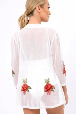 Rebellious Fashion White Mesh Floral Applique Kimono - Lizzy