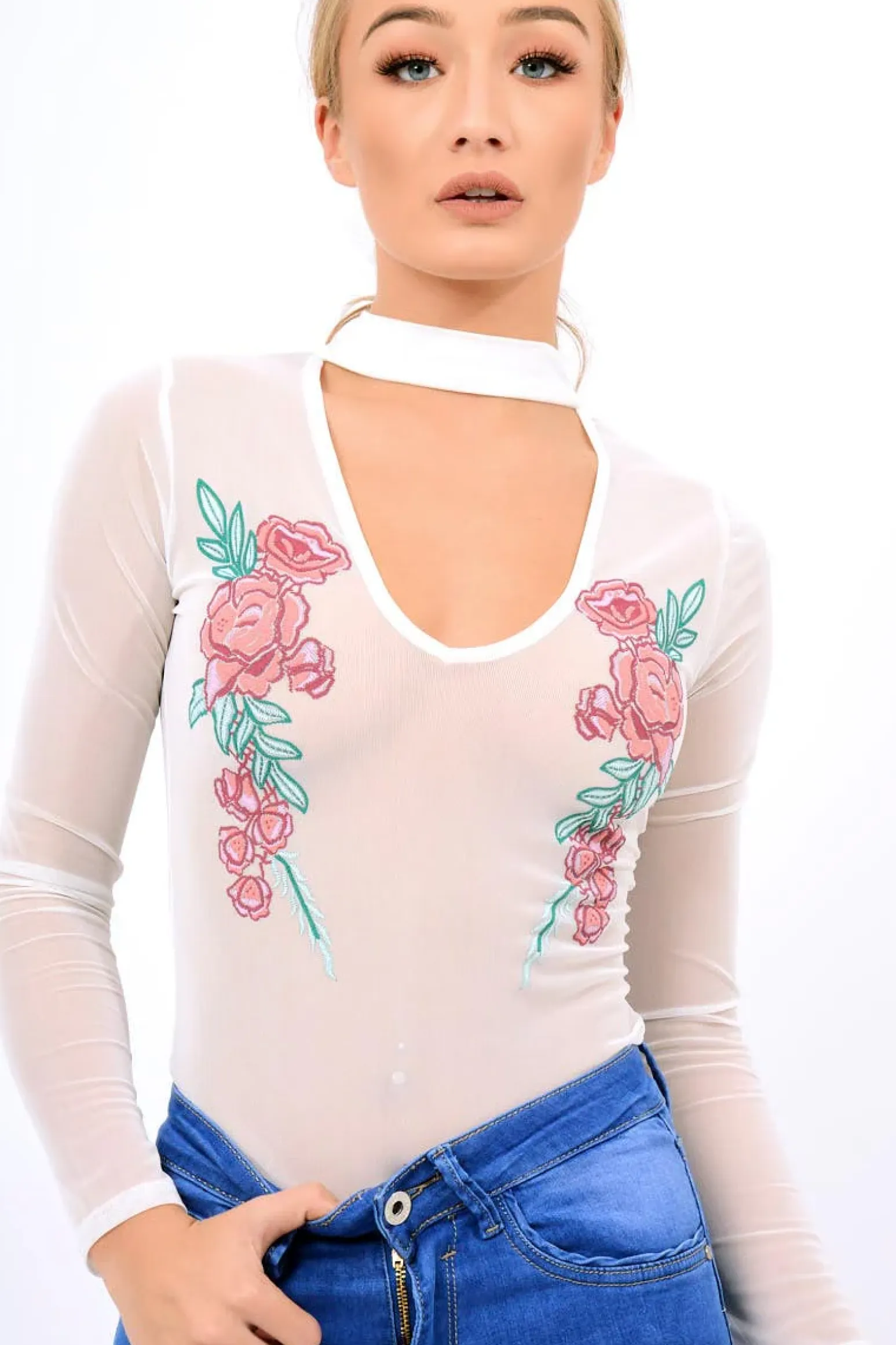 Rebellious Fashion White Mesh Floral Choker Bodysuit - Bryleigh