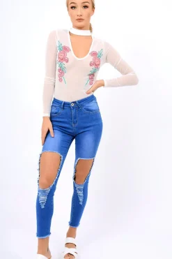 Rebellious Fashion White Mesh Floral Choker Bodysuit - Bryleigh