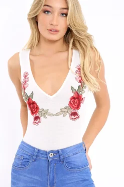 Rebellious Fashion White Mesh Floral Embroidered Plunge Bodysuit - Elenore