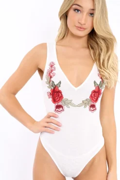 Rebellious Fashion White Mesh Floral Embroidered Plunge Bodysuit - Elenore