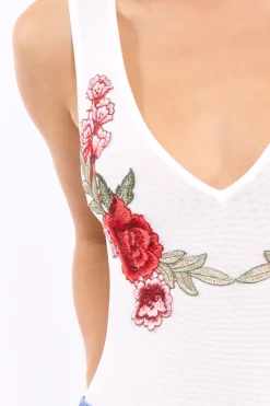 Rebellious Fashion White Mesh Floral Embroidered Plunge Bodysuit - Elenore