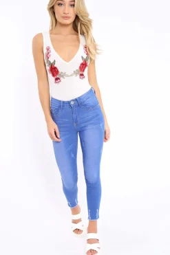 Rebellious Fashion White Mesh Floral Embroidered Plunge Bodysuit - Elenore