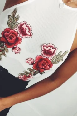 Rebellious Fashion White Mesh Floral Embroidered Halterneck Bodysuit - Bebe