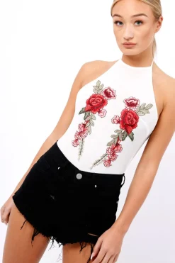 Rebellious Fashion White Mesh Floral Embroidered Halterneck Bodysuit - Bebe
