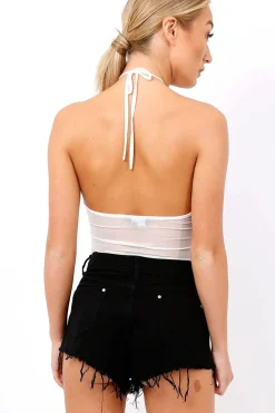 Rebellious Fashion White Mesh Floral Embroidered Halterneck Bodysuit - Bebe