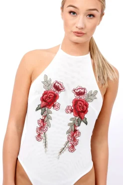 Rebellious Fashion White Mesh Floral Embroidered Halterneck Bodysuit - Bebe