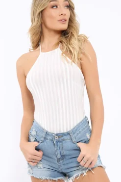 Rebellious Fashion White Mesh Halter Neck Bodysuit - Ariel