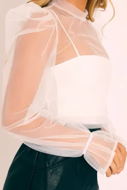 Rebellious Fashion White Mesh High Neck Open Back Blouse - Anthea