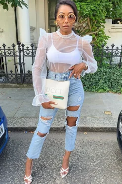 Rebellious Fashion White Mesh High Neck Open Back Blouse - Anthea