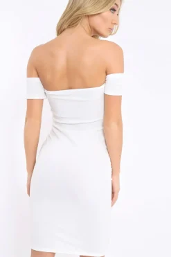 Rebellious Fashion White Mesh Insert Bardot Bodycon Dress - Camila