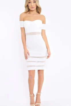 Rebellious Fashion White Mesh Insert Bardot Bodycon Dress - Camila