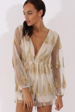 Rebellious Fashion White Mesh Layer Feather Playsuit - Miranda