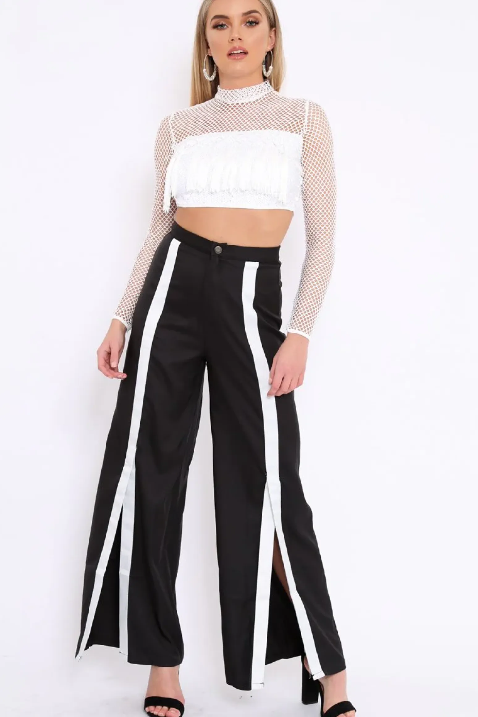 Rebellious Fashion White Mesh Long Sleeve Crop Top With Sequin And Tassel Detailing - Elyssia
