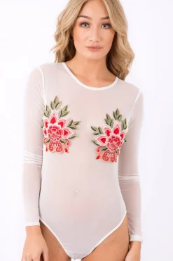Rebellious Fashion White Mesh Long Sleeved Embroidered Bodysuit - Bonnie