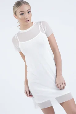 Rebellious Fashion White Mesh Overlay T-Shirt Dress - Selena