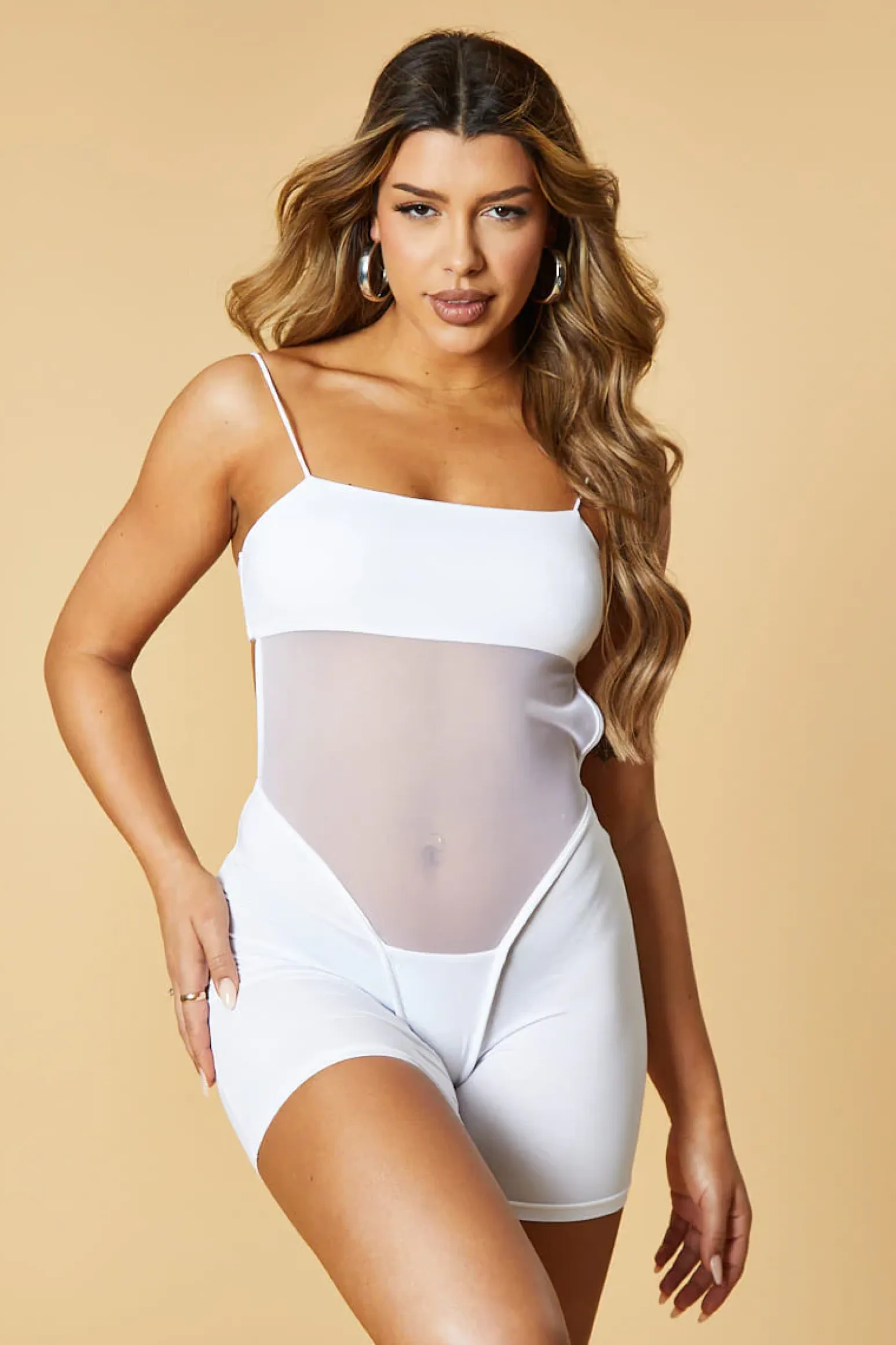 Rebellious Fashion White Mesh Panel Shoulder Strap Playsuit - Hatsu