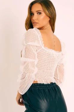 Rebellious Fashion White Mesh Polka Shirred Crop Top - Soliana