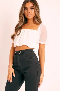 Rebellious Fashion White Mesh Puffball Crop Top - Taja