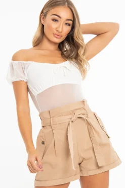 Rebellious Fashion White Mesh Puff Sleeve Tie Front Bodysuit - Suki