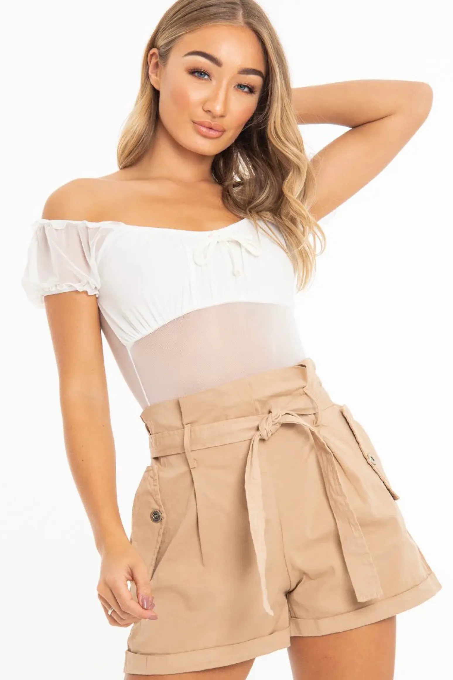 Rebellious Fashion White Mesh Puff Sleeve Tie Front Bodysuit - Suki