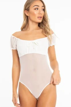 Rebellious Fashion White Mesh Puff Sleeve Tie Front Bodysuit - Suki