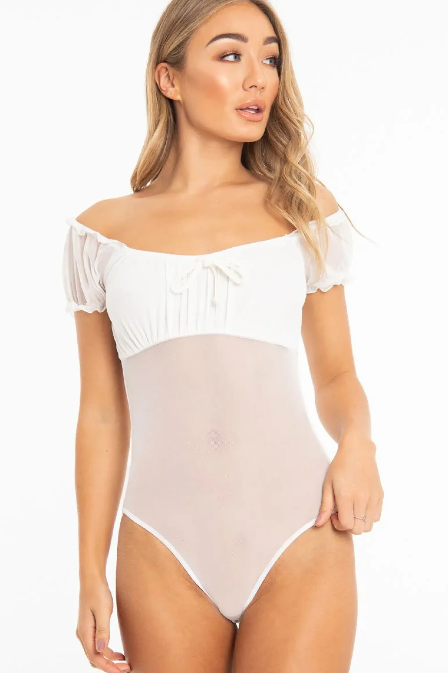 Rebellious Fashion White Mesh Puff Sleeve Tie Front Bodysuit - Suki
