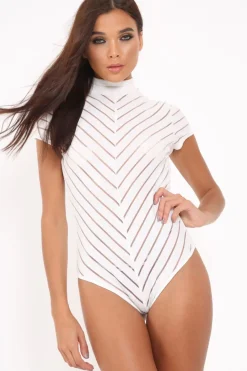 Rebellious Fashion White Mesh Ribbed Short Sleeved Bodysuit - Shai
