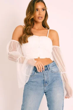 Rebellious Fashion White Mesh Ruched Button Front Crop Top - Tula