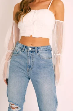 Rebellious Fashion White Mesh Ruched Button Front Crop Top - Tula