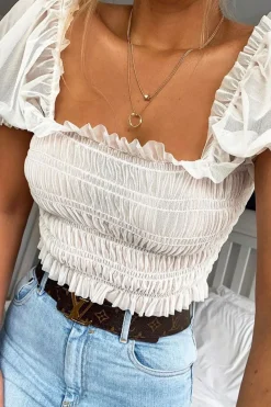 Rebellious Fashion White Mesh Ruched Puff Sleeve Crop Top - Evy