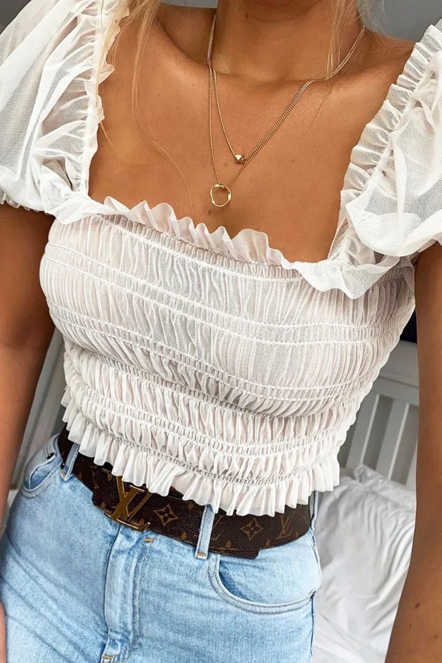 Rebellious Fashion White Mesh Ruched Puff Sleeve Crop Top - Evy