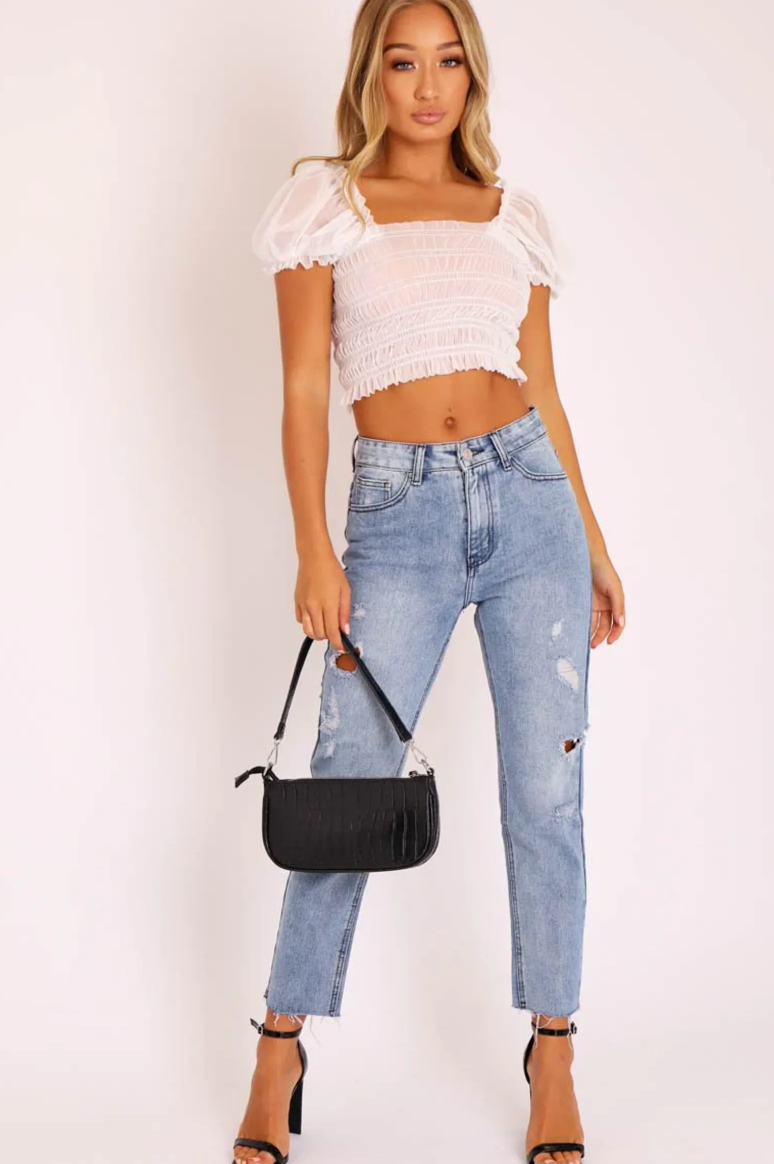 Rebellious Fashion White Mesh Ruched Puff Sleeve Crop Top - Evy