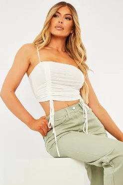 Rebellious Fashion White Mesh Ruched Square Neck Crop Top - Leyna
