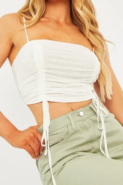 Rebellious Fashion White Mesh Ruched Square Neck Crop Top - Leyna