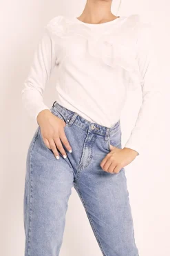Rebellious Fashion White Mesh Ruffle Front Long Sleeve Top - Kristen