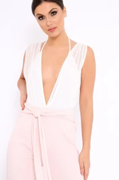 Rebellious Fashion White Mesh V-Plunge Bodysuit - Malie