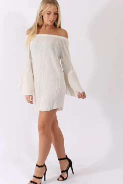 Rebellious Fashion White Metallic Bardot Pleated Bell Sleeves Dress - Lilja