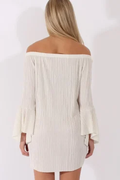 Rebellious Fashion White Metallic Bardot Pleated Bell Sleeves Dress - Lilja
