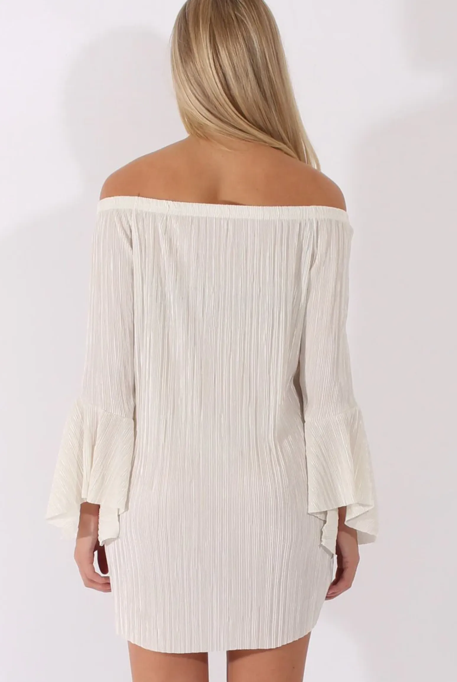 Rebellious Fashion White Metallic Bardot Pleated Bell Sleeves Dress - Lilja
